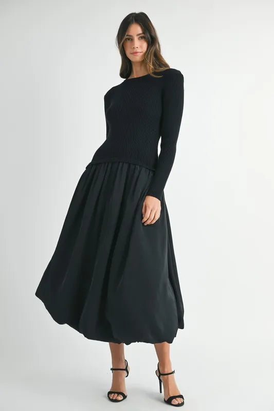 MABLE Ribbed Poplin Mix Midi Sweater Dress 