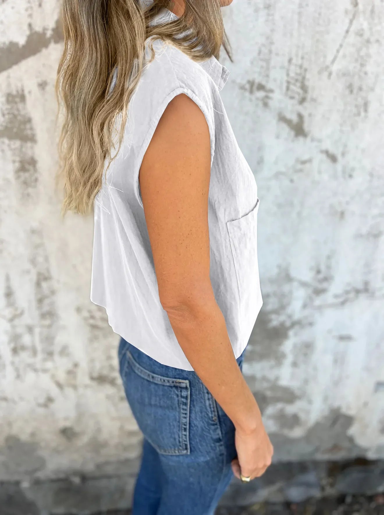 Full Size Button Down Cap Sleeve Linen Shirt Plus Size 