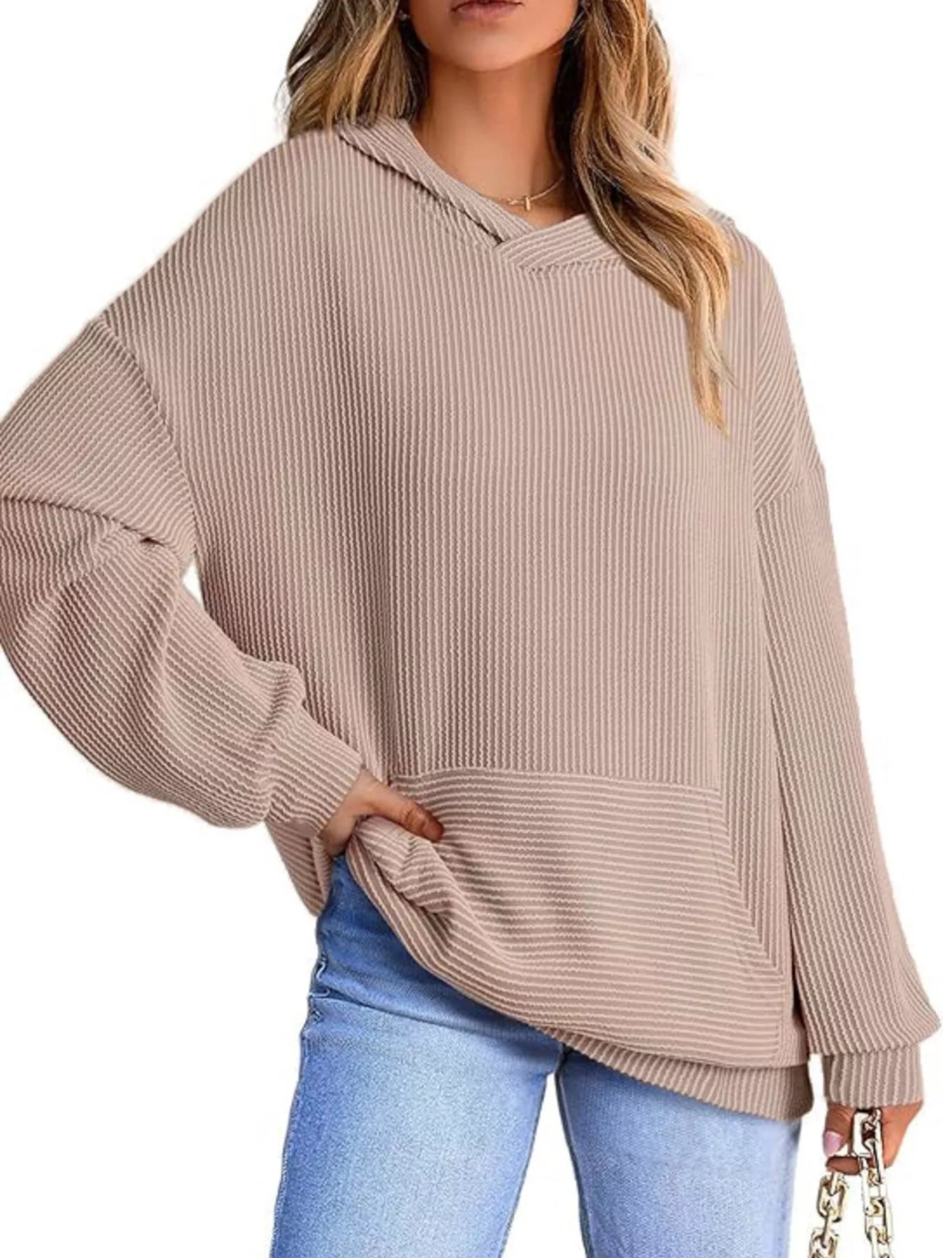 Ribbed Oversized Hoodie Sweatshirt with Pocket 