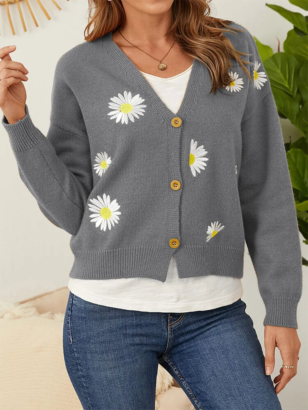 Flower Button Front Dropped Shoulder Cardigan 