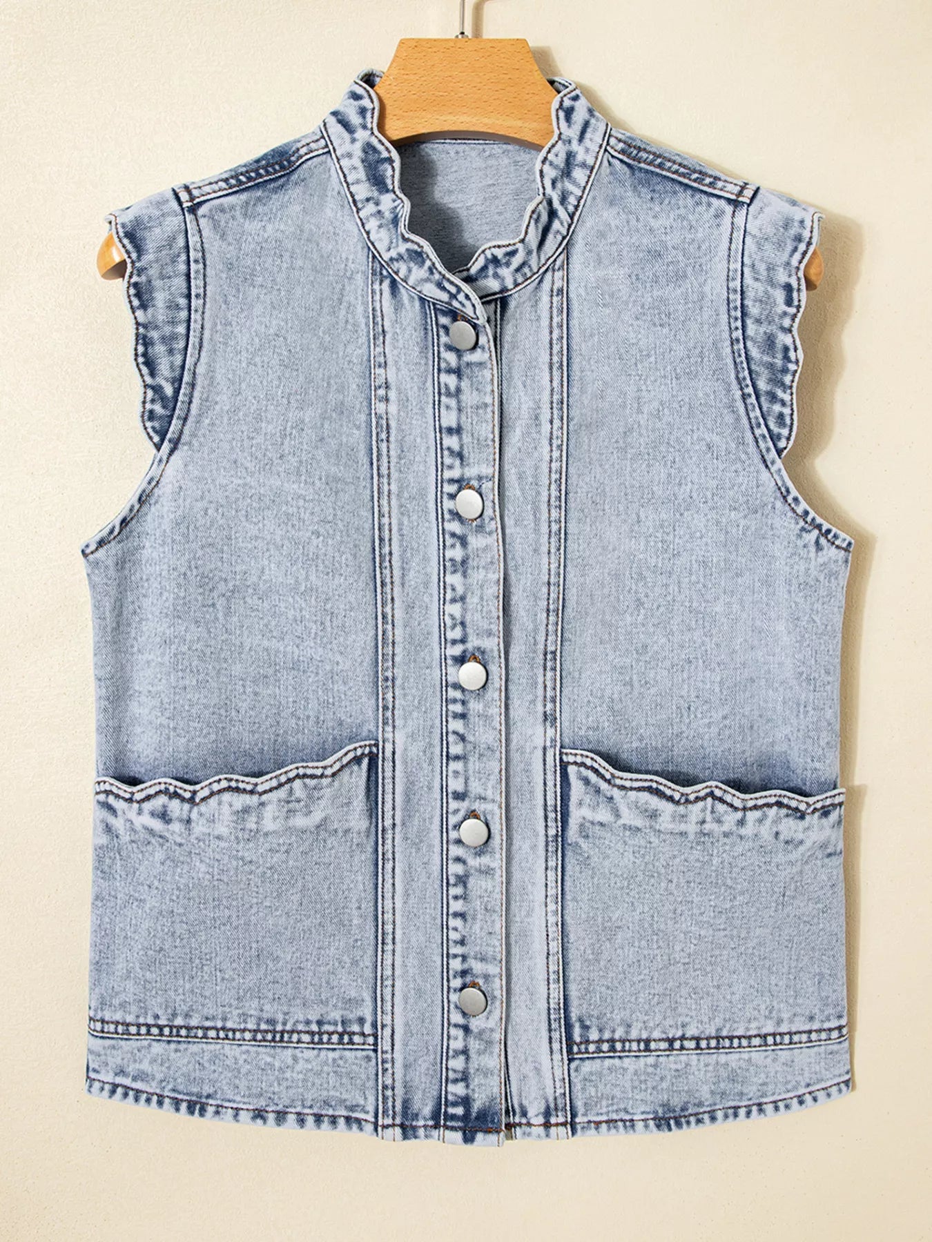 Scalloped Trim Patch Pocket Button Front Denim Vest 
