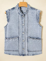 Scalloped Trim Patch Pocket Button Front Denim Vest 