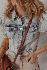 Wash Buttoned Chest Pocket Puff Sleeve Denim Jacket 