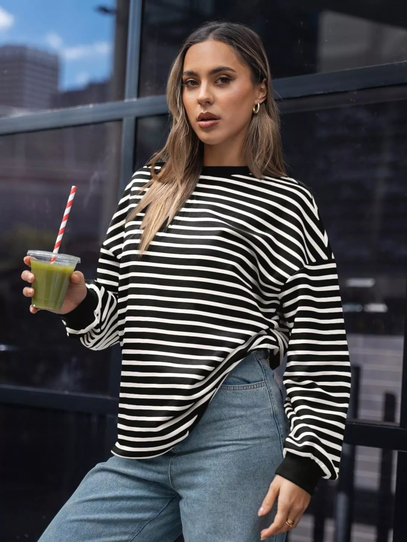 Striped Round Neck Oversized Casual Sweatshirt 