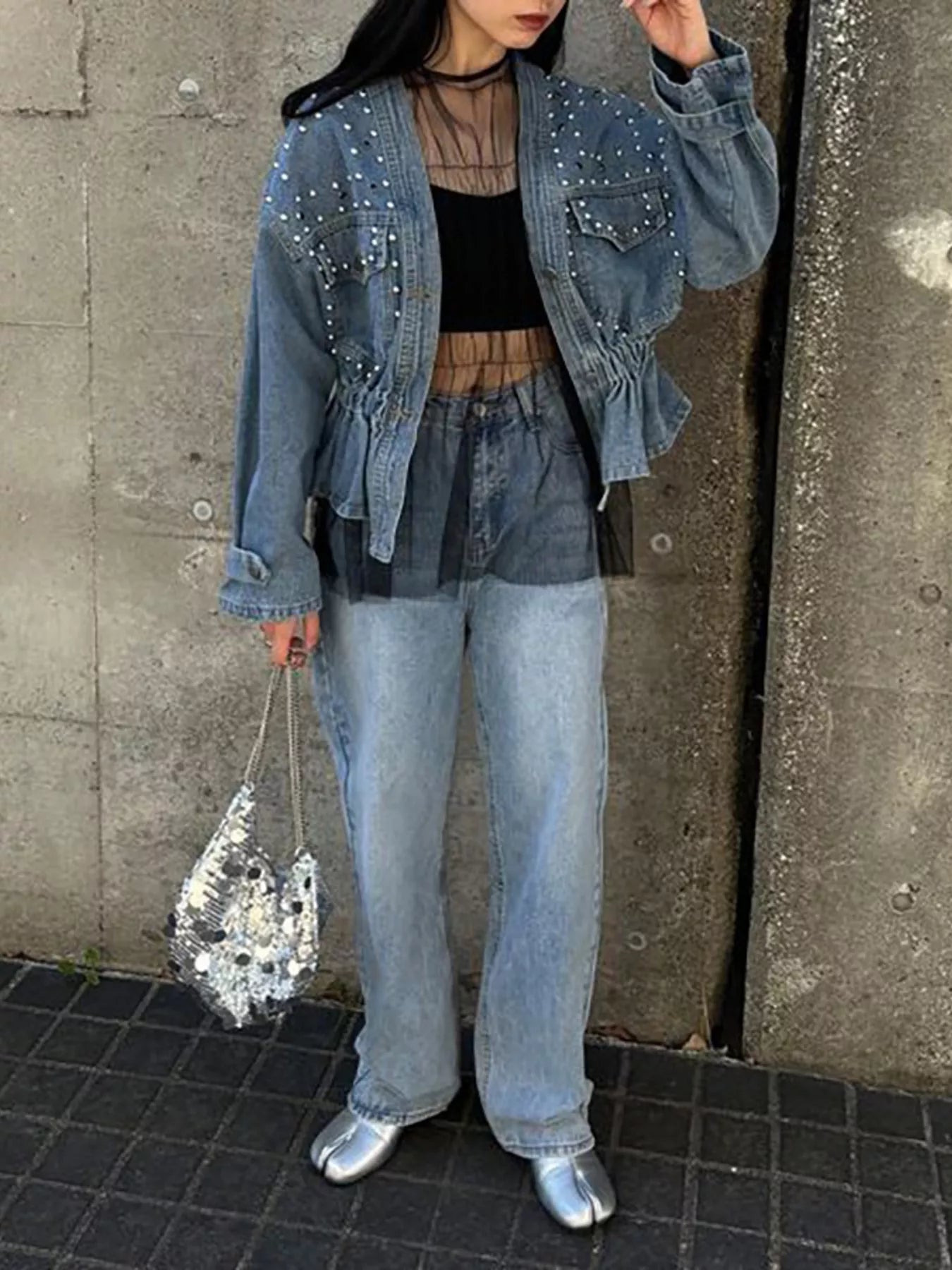 Studded Button Up Denim Jacket 