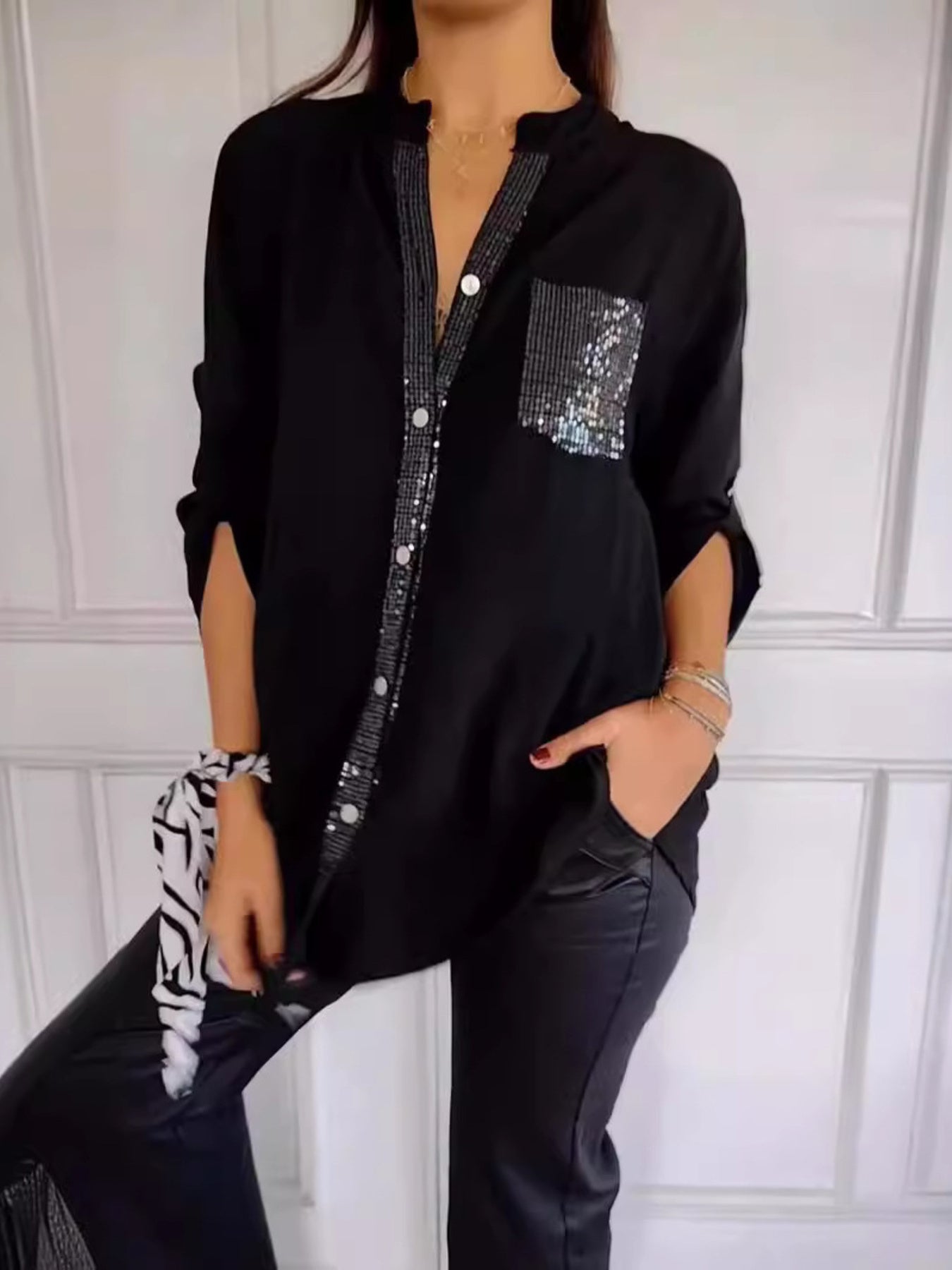 Full Size Sequin Detail Button-Down Shirt Plus Size 