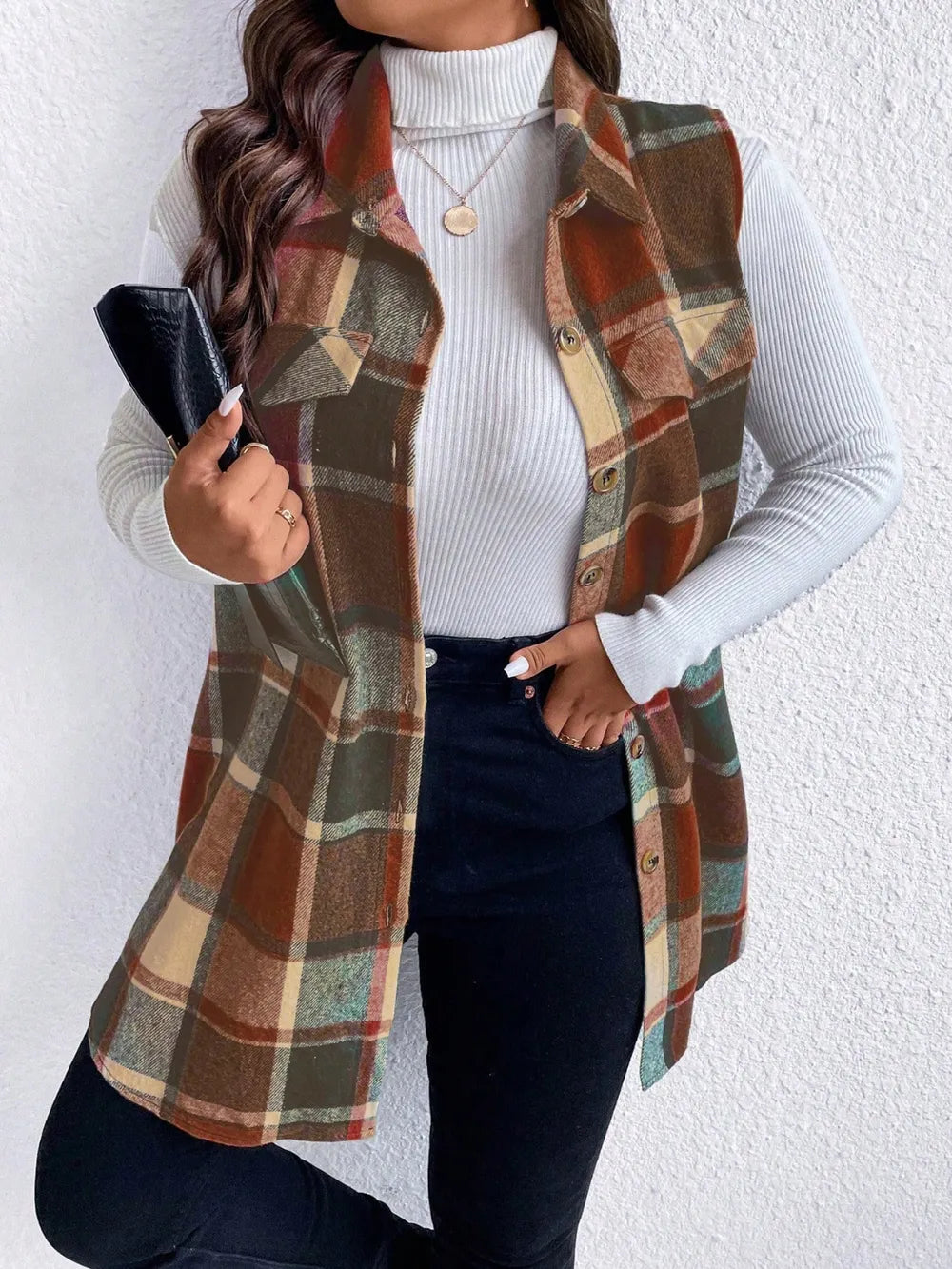 Honey Plus Size Pocketed Plaid Button Up Vest Coat 