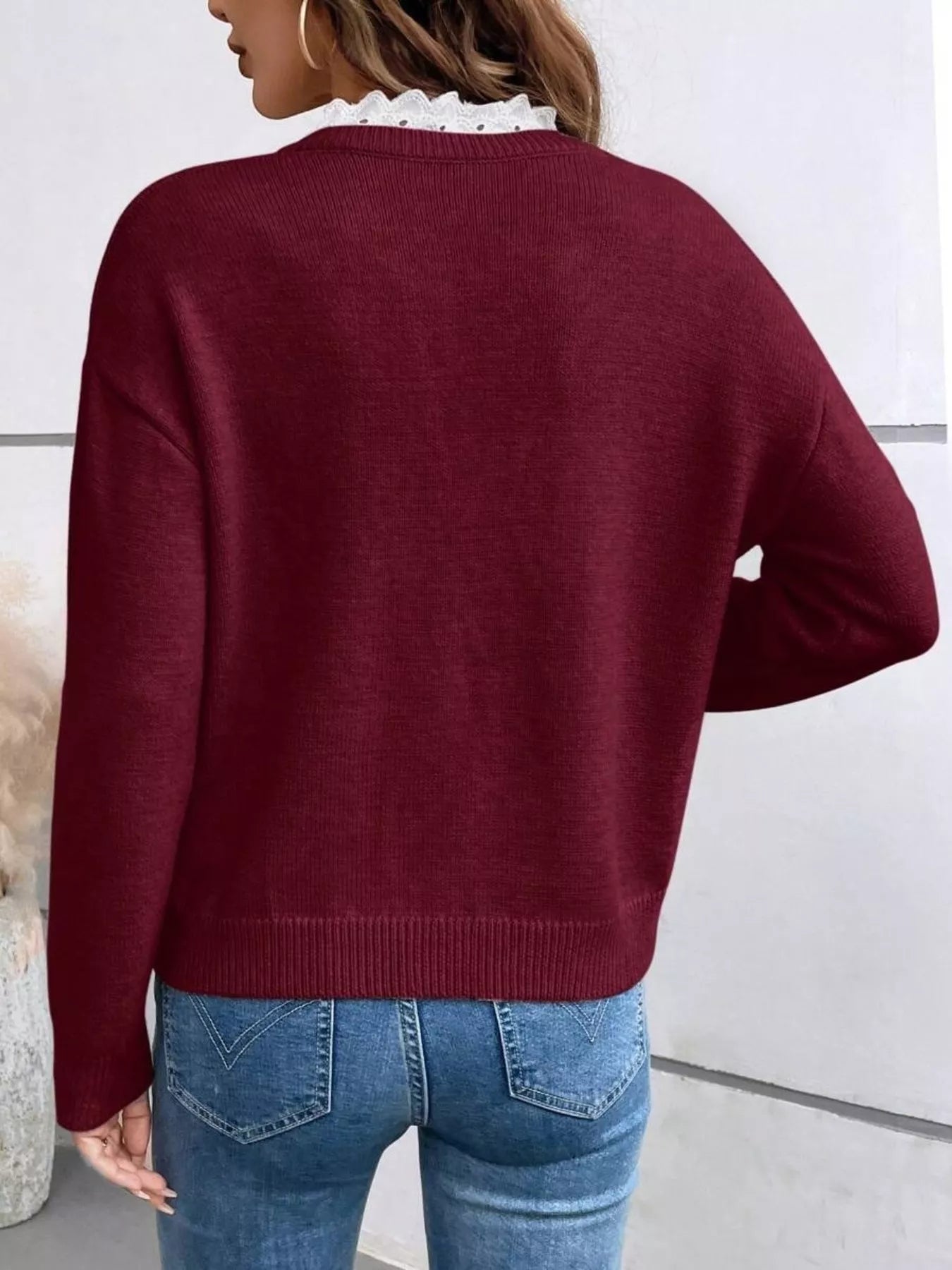 Lace Trim Notched Long Sleeve Sweater 
