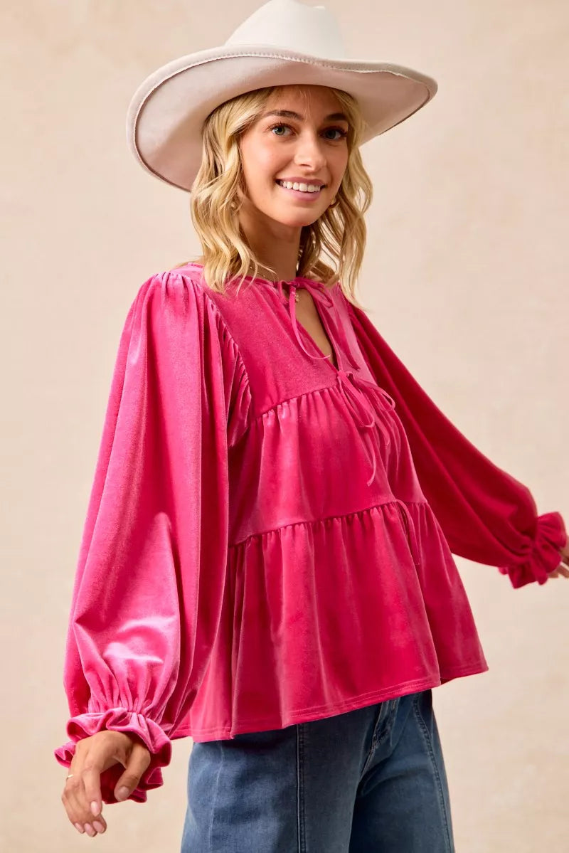 BiBi Christmas Theme Velvet Bow Tied Blouse 