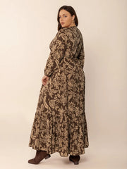 Plus Size Printed V-Neck Balloon Sleeve Maxi Dress 