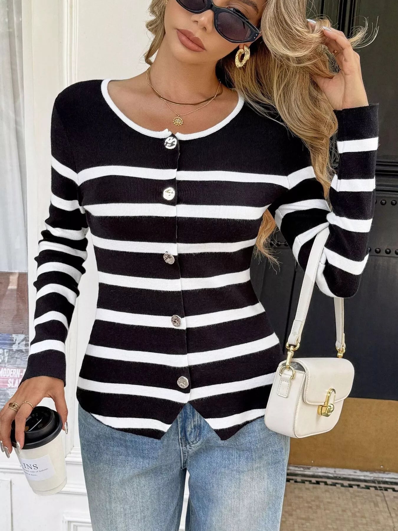 Striped Button-Up Knit Cardigan 