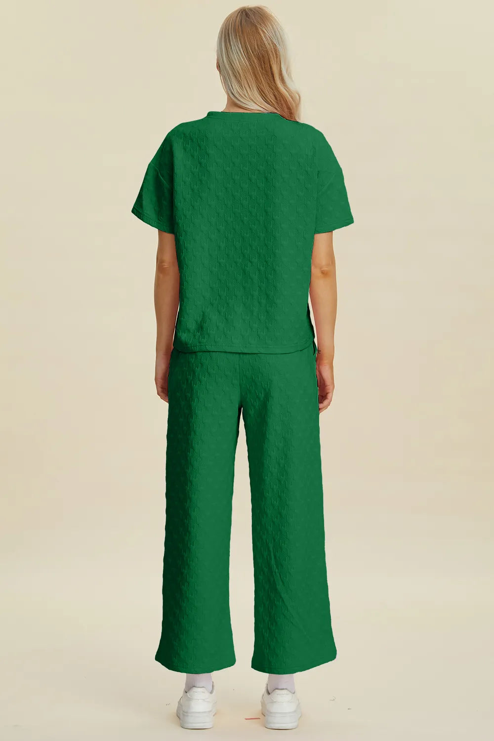 Double Take Full Size Texture Round Neck Short Sleeve Top and Pants Set 