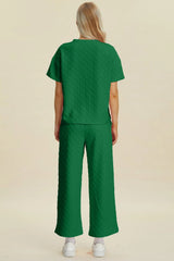 Double Take Full Size Texture Round Neck Short Sleeve Top and Pants Set 