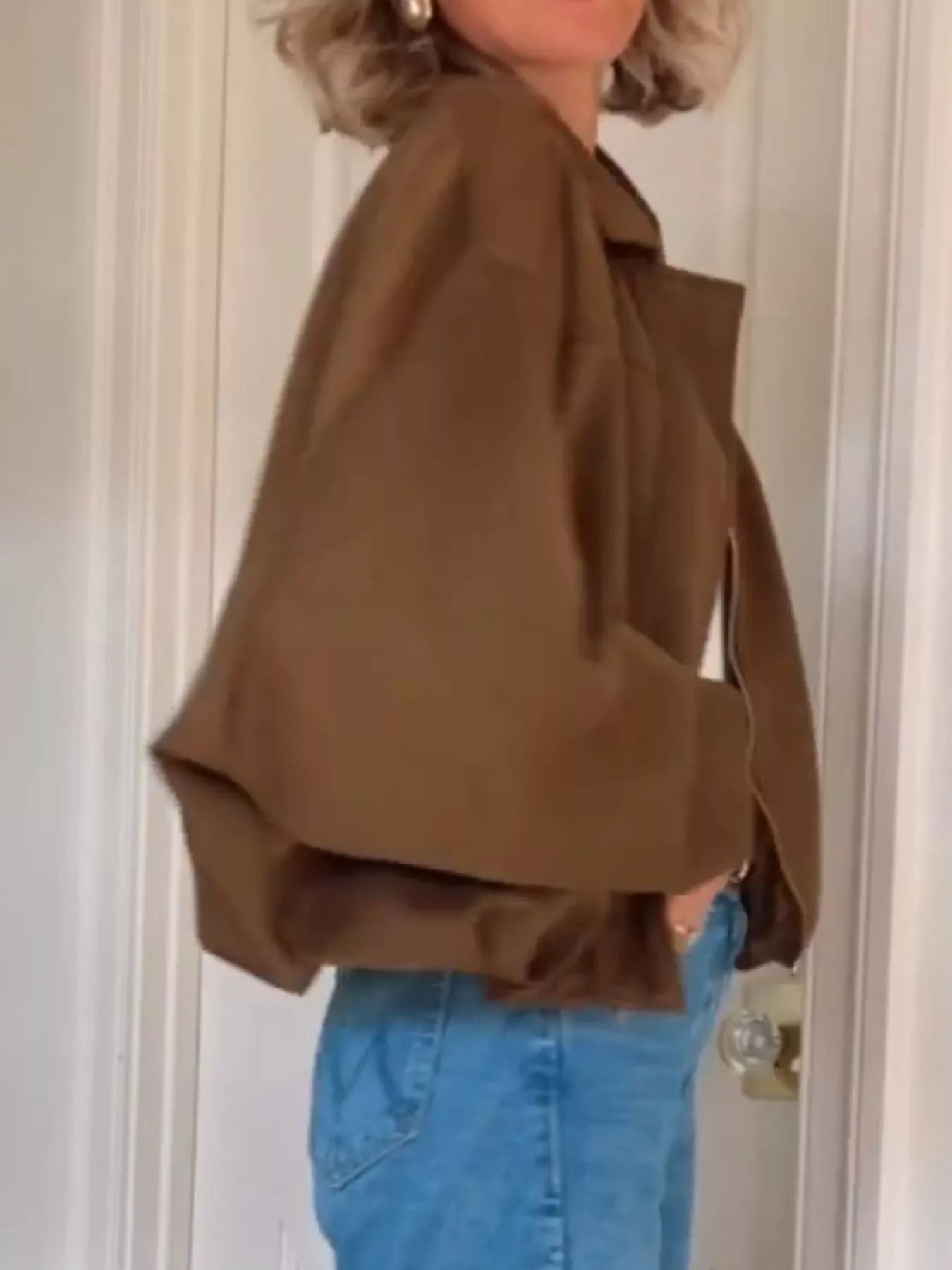 Zip Up Dropped Shoulder Suede Jacket 