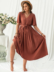 Plus Size V-Neck Flutter Sleeve Midi Dress 