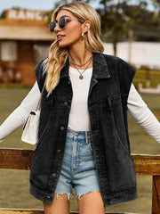 Button Up Collared Neck Sleeveless Denim Jacket 