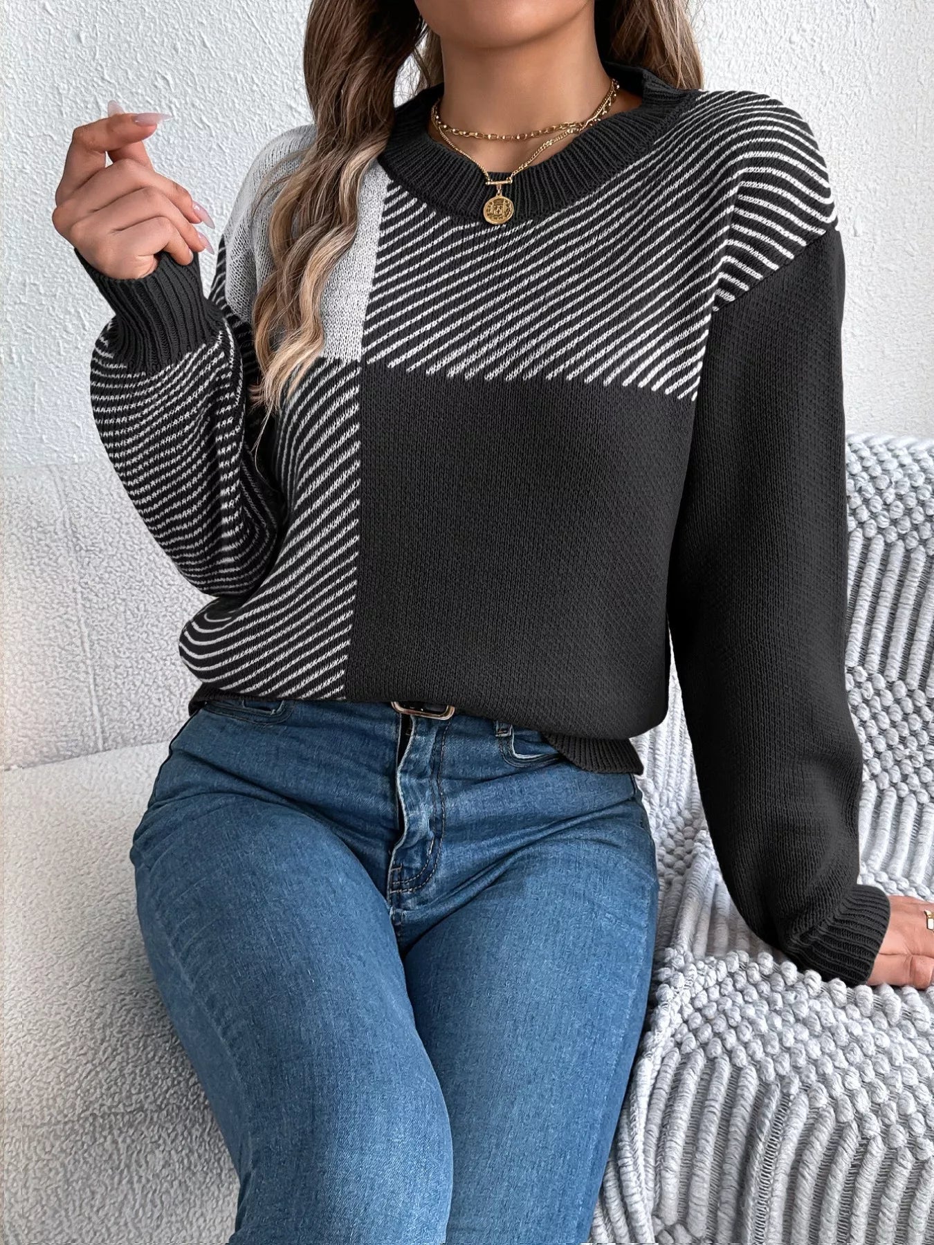 Color Block Striped Round Neck Sweater 