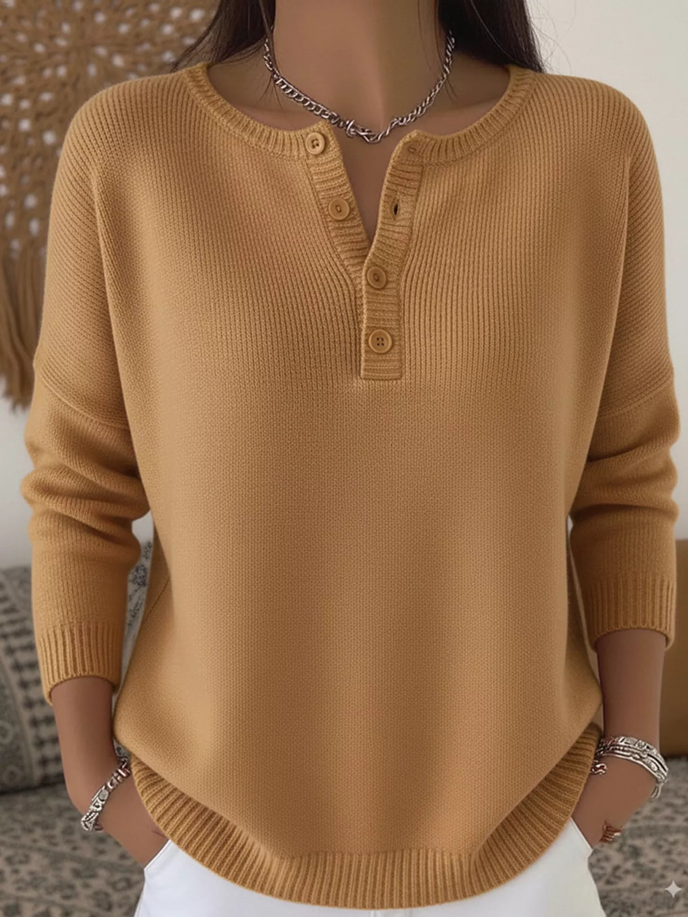Full Size Half Button Long Sleeve Knit Top Plus Size 