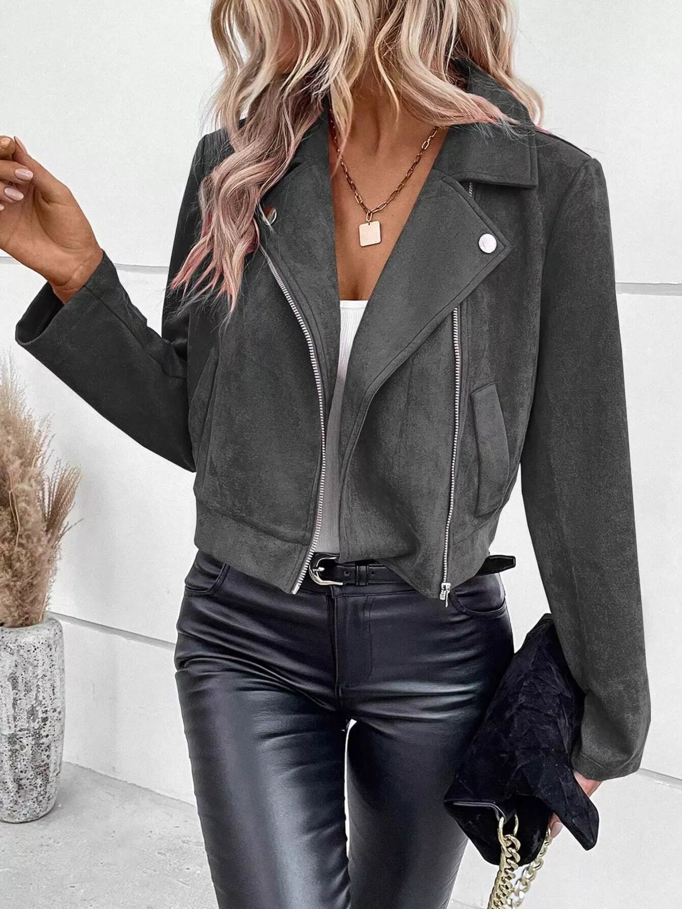 Suede Moto Jacket with Zip Detail 