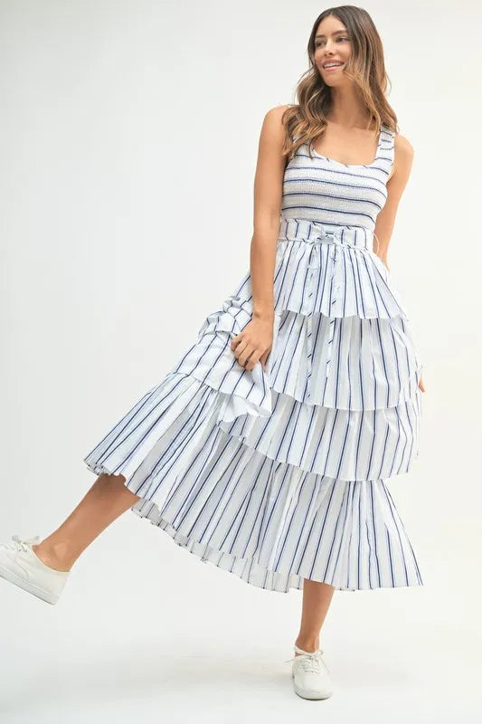MABLE Pin Stripe Smocked Bodice Layered Midi Dress 