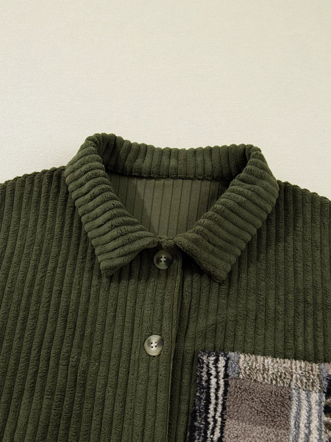 Ribbed Fleece Plaid Print Patchwork Button Up Jacket 