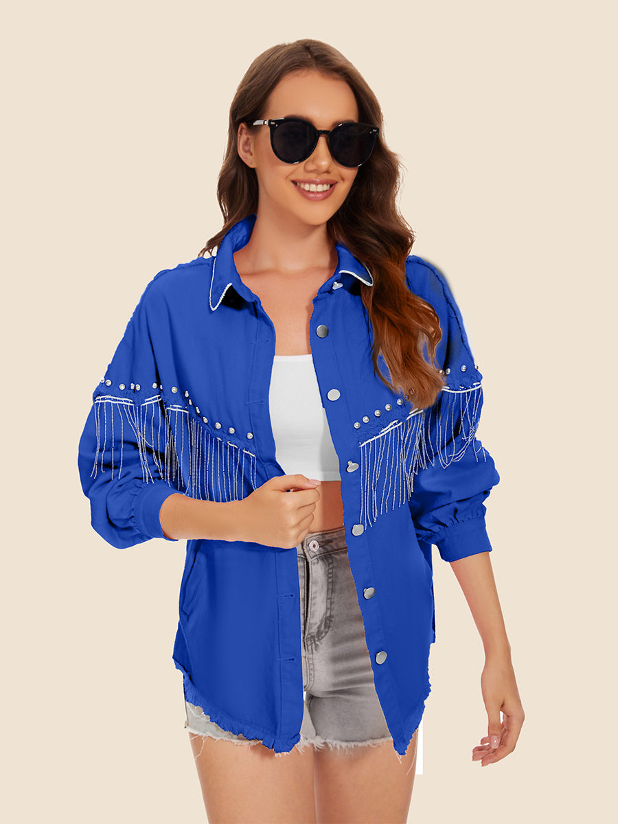 Raw Hem Fringe Detail Denim Jacket 