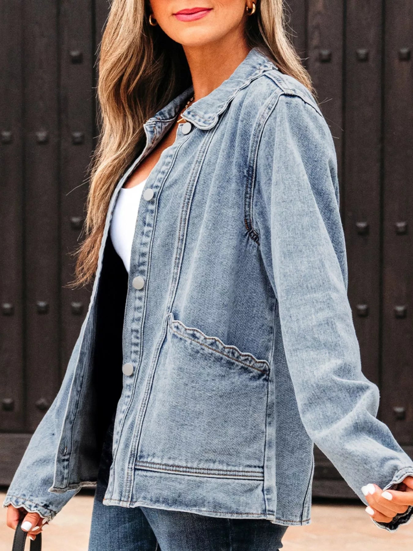 Scallop Trim Collar Patched Pocket Button Up Denim Jacket 
