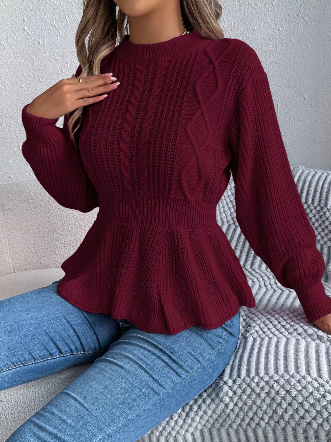 Cable Knit Round Neck Peplum Sweater 