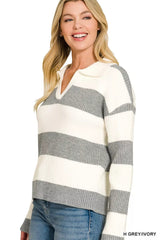 Zenana Striped Collared Sweater 