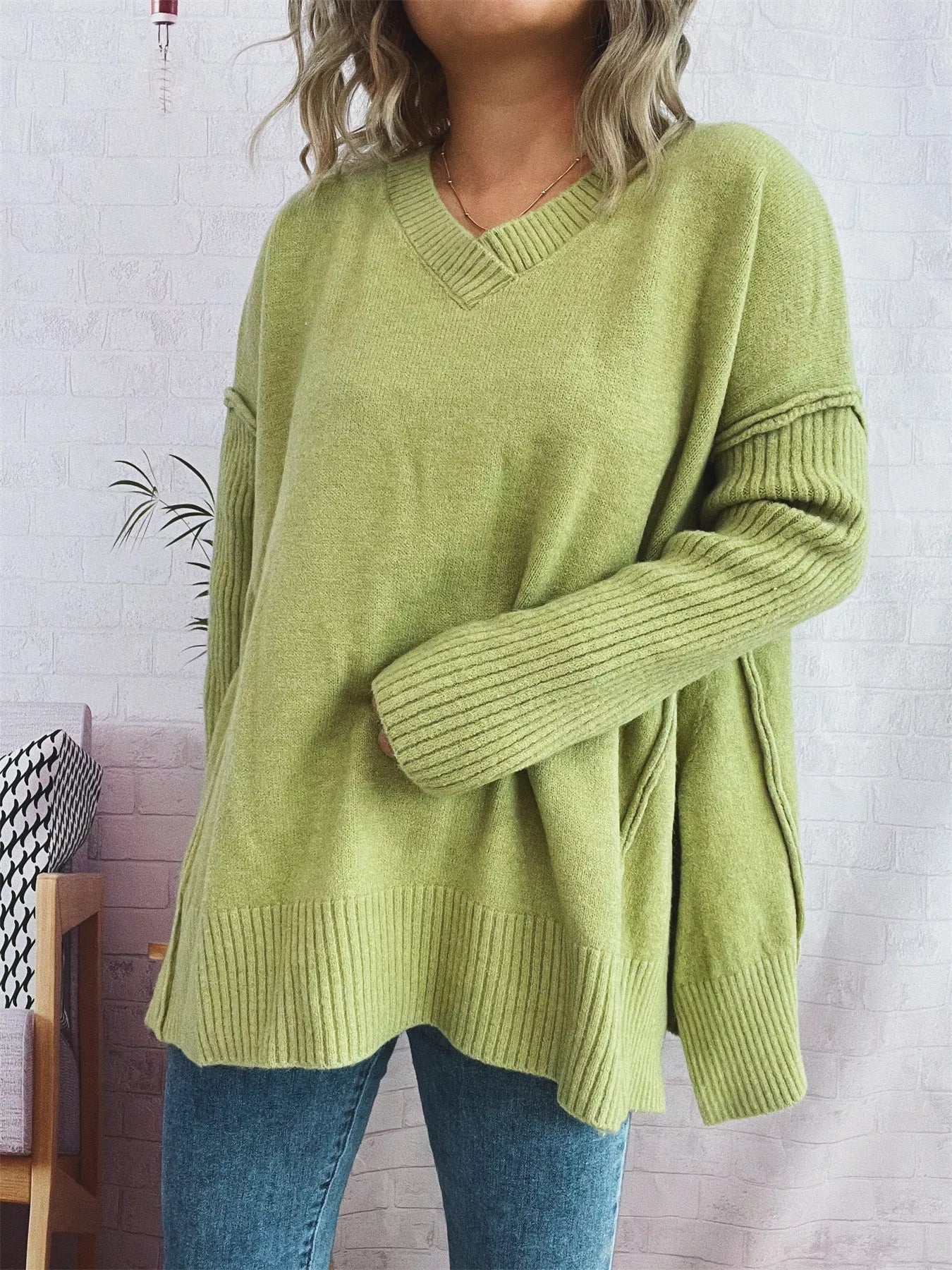 V-Neck Dropped Shoulder Sweater 