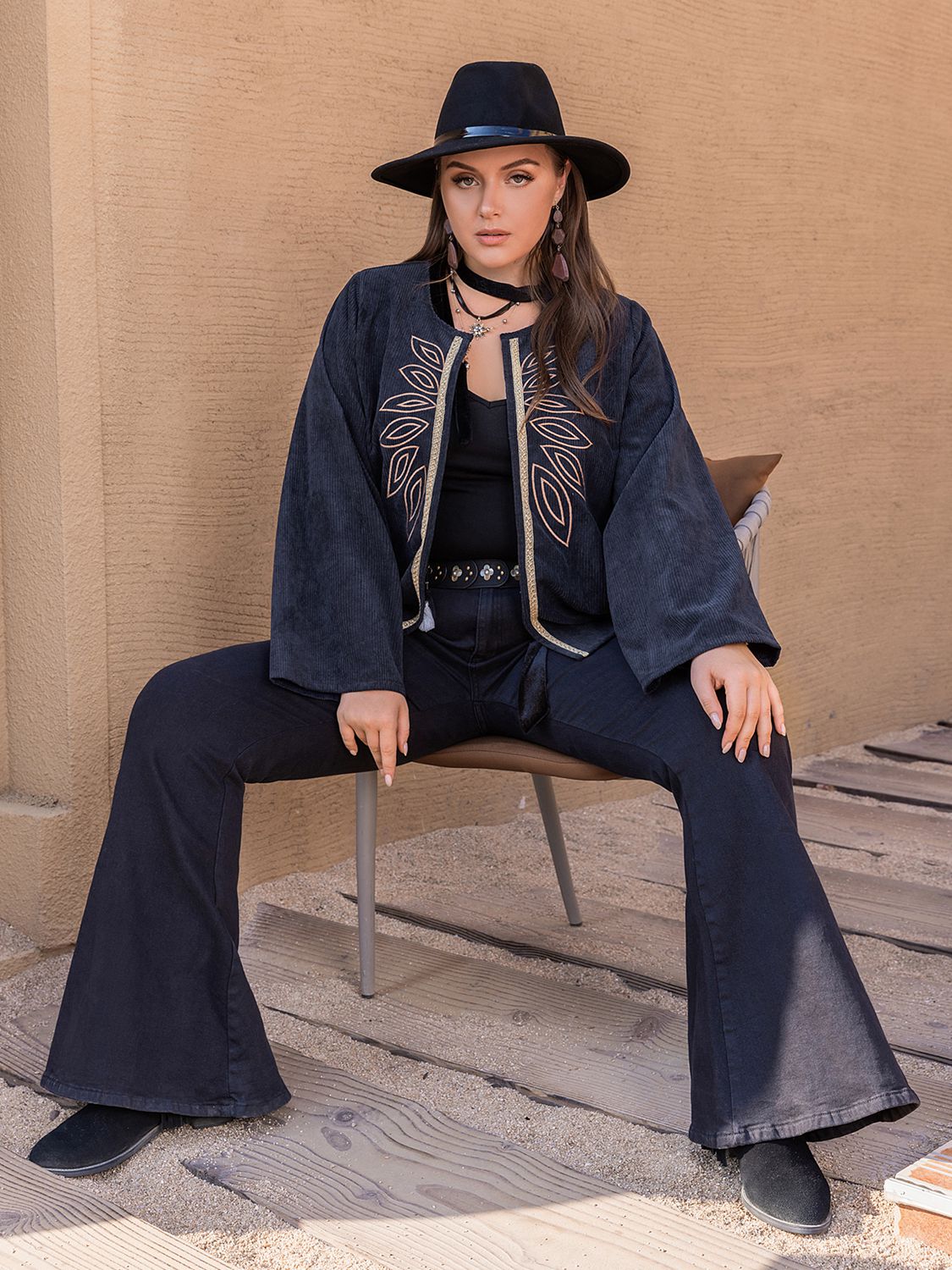 Plus Size Embroidered Open Front Jacket 