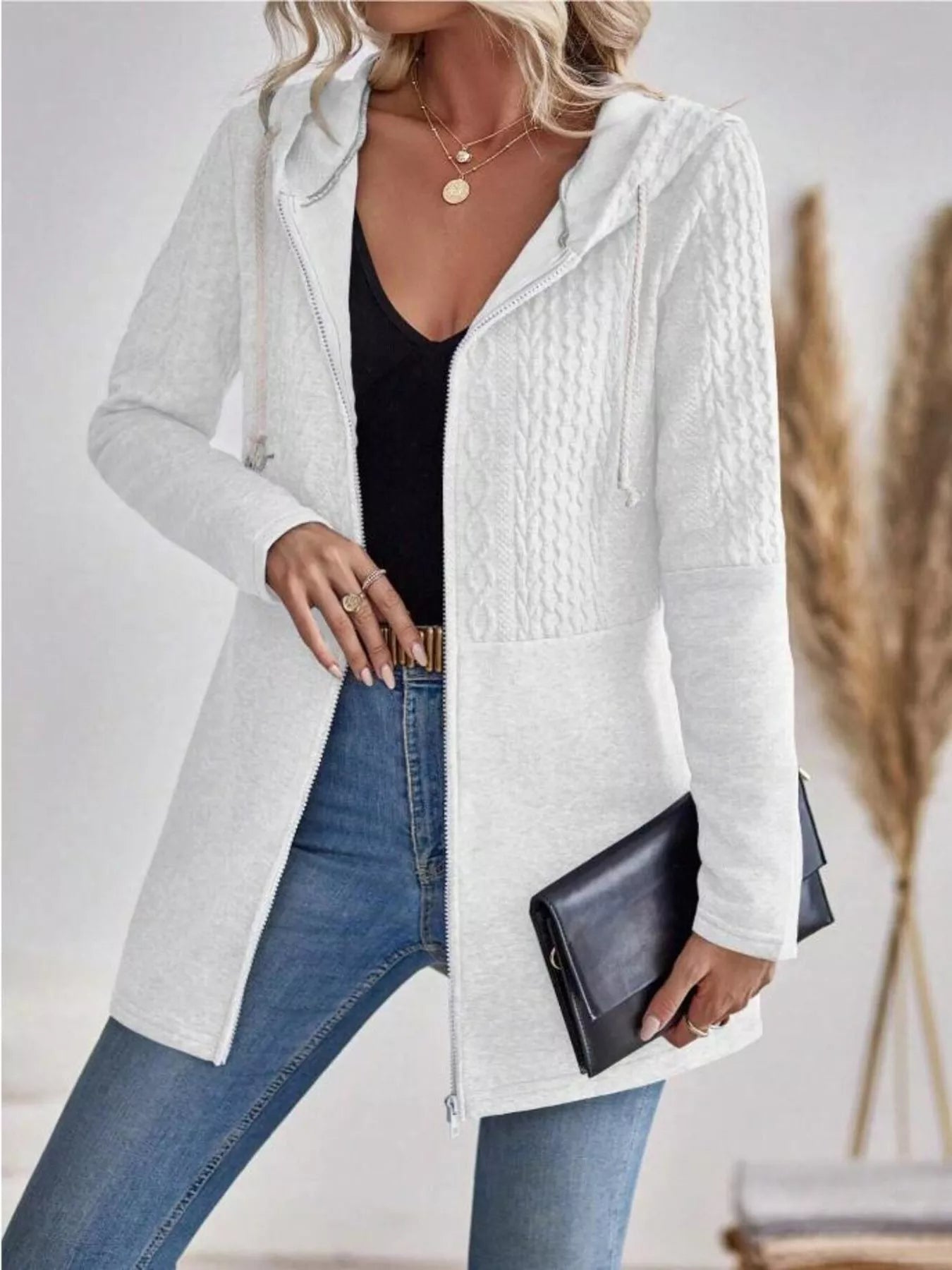 Drawstring Textured Zip Up Drawstring Hooded Jacket 