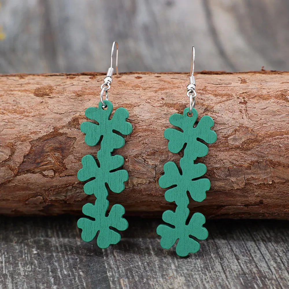 Lucky Clover Wooden Dangle Earrings 