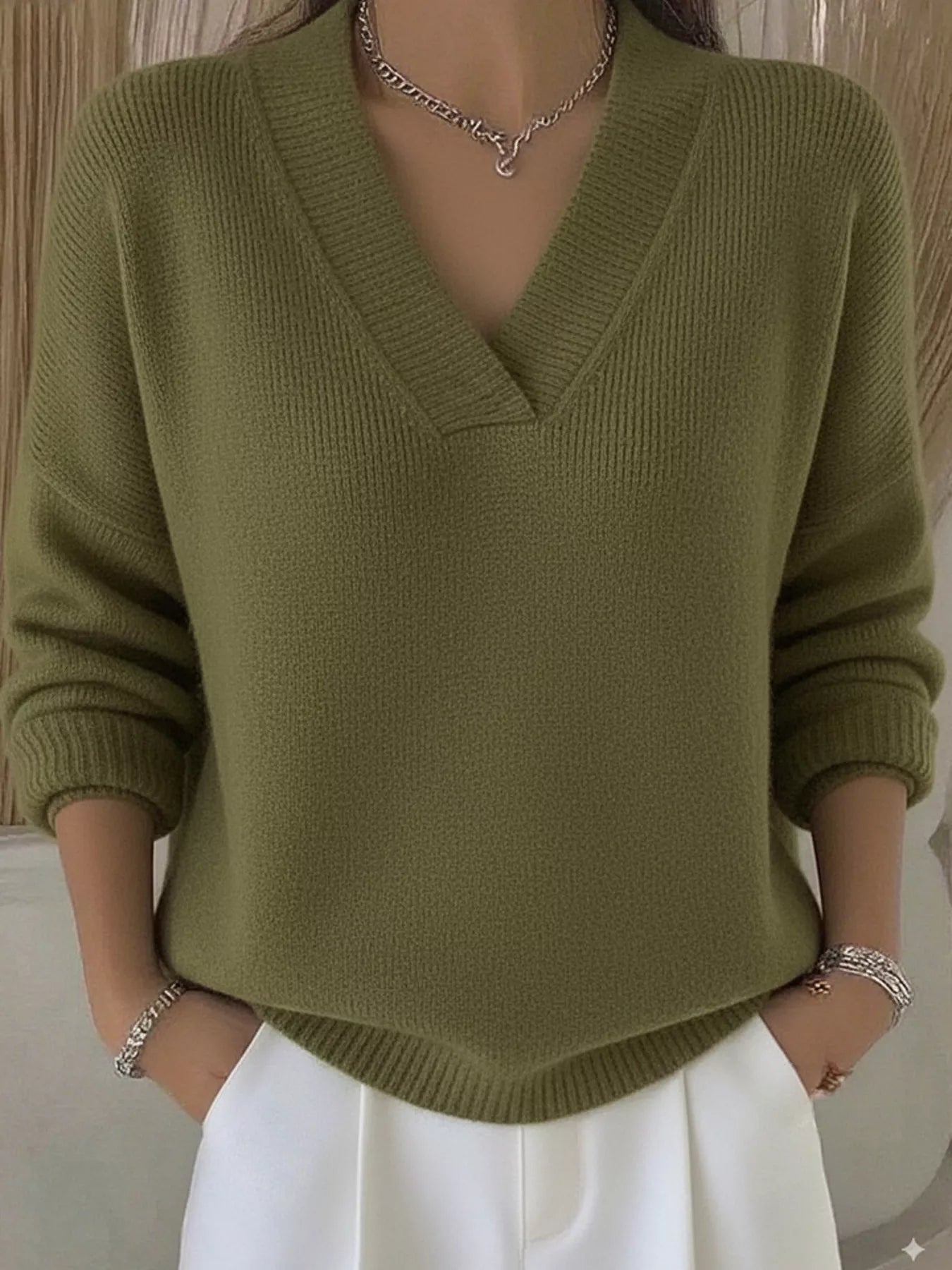 Full Size V-Neck Long Sleeve Sweater Plus Size 