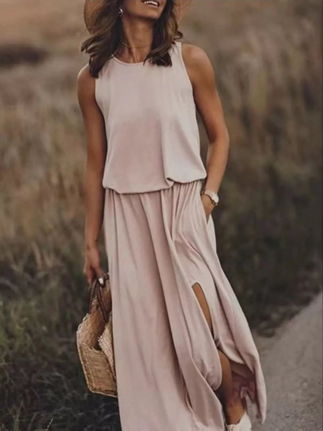 Full Size Round Neck Sleeveless Slit Maxi Dress Plus Size 