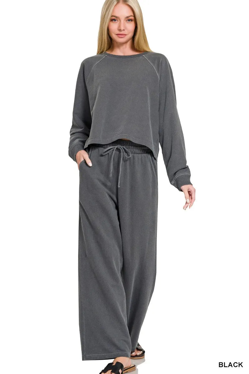 Zenana Washed F/terry Round Neck Pullover & Pants Set 