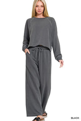 Zenana Washed F/terry Round Neck Pullover & Pants Set 