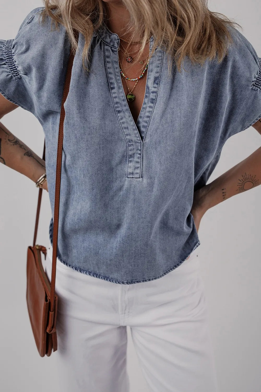 V Neck Ruffled Short Puff Sleeve Denim Top 