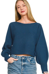 Zenana Boat Neck Balloon Sleeve Sweater 