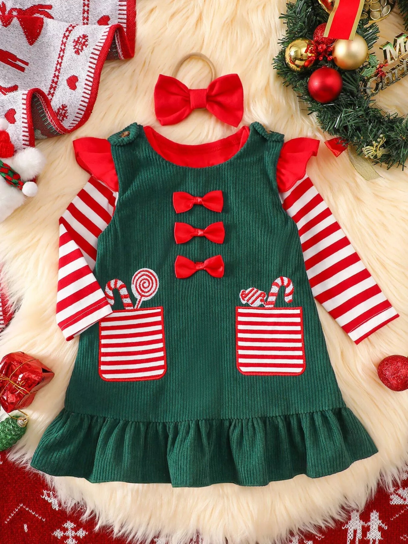 Children's Christmas Striped Bodysuit and Dress Set with Headband 