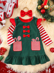Children's Christmas Striped Bodysuit and Dress Set with Headband 
