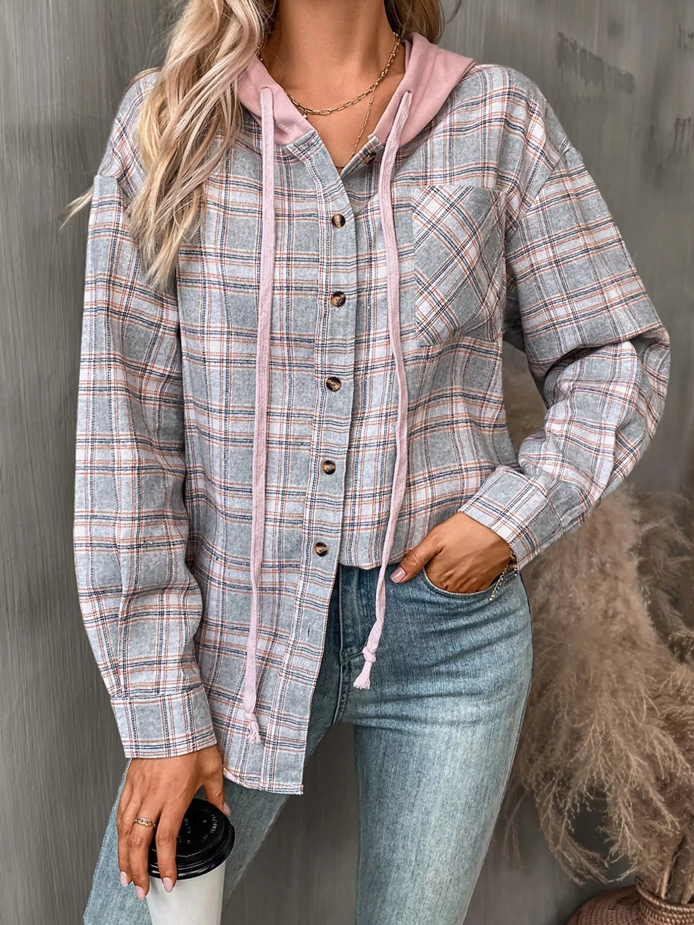Plaid Button-Up Hooded Shirt with Chest Pocket 