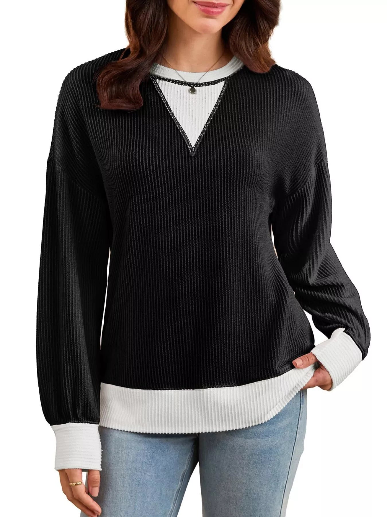 Two-Tone Ribbed Knit Sweatshirt 