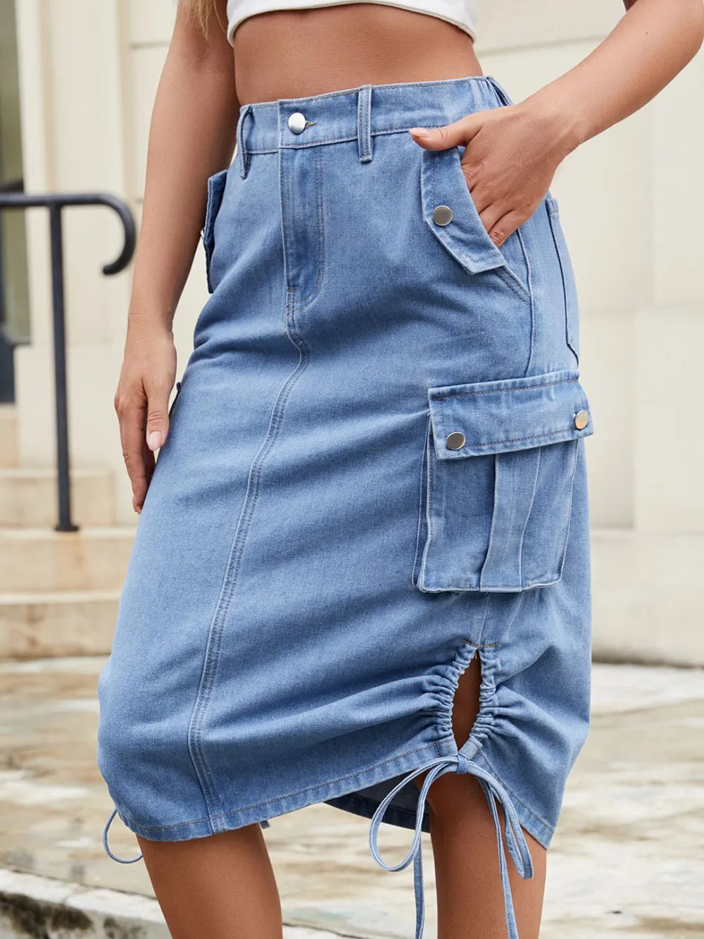 Drawstring Denim Skirt with Cargo Pockets 