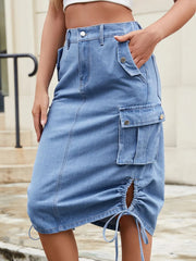 Drawstring Denim Skirt with Cargo Pockets 