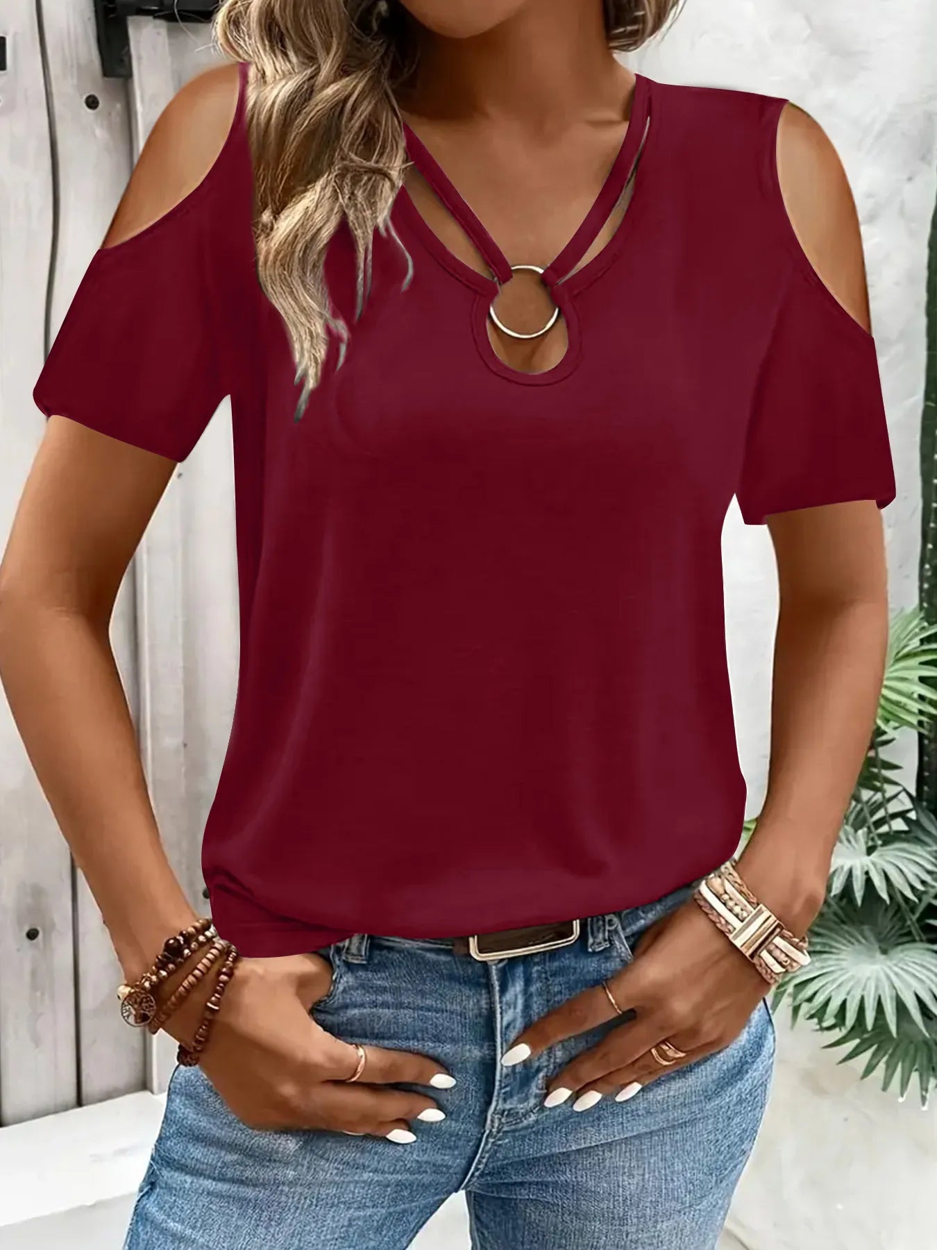 Cold Shoulder T-Shirt with Metal Ring Detail 