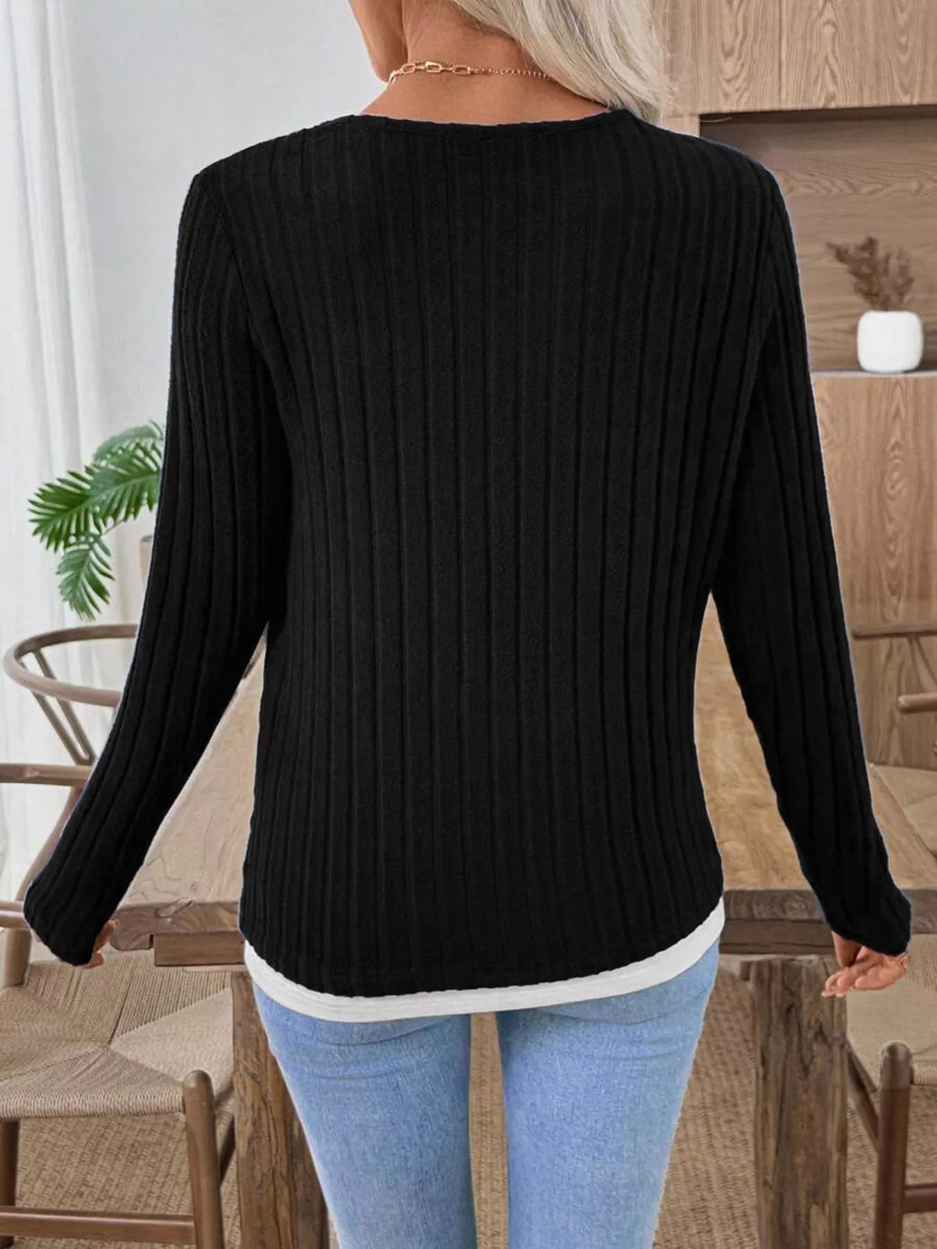 Ribbed Knit Button Detail Contrast Sweater 