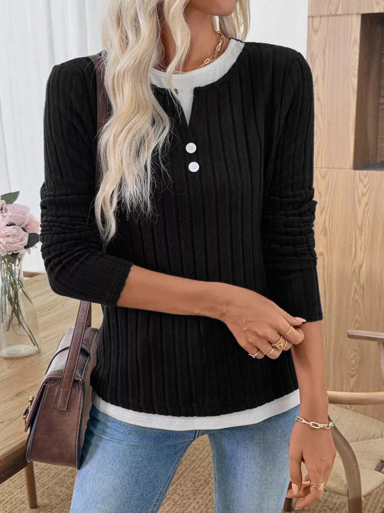 Ribbed Knit Button Detail Contrast Sweater 