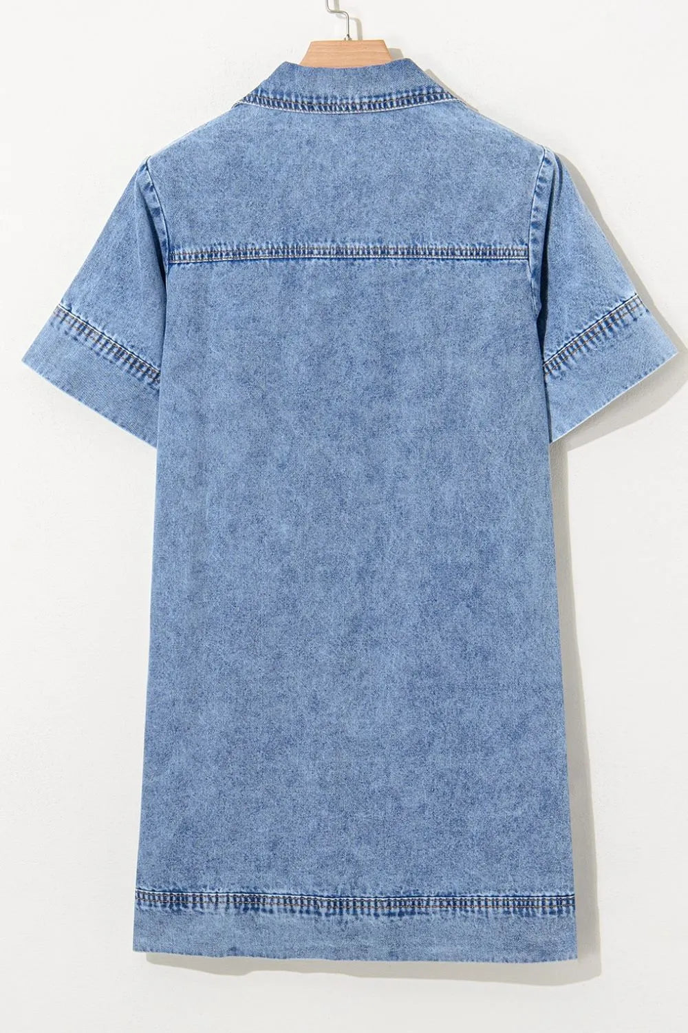 Short Sleeve Collared Patched Pocket Denim Mini Dress 