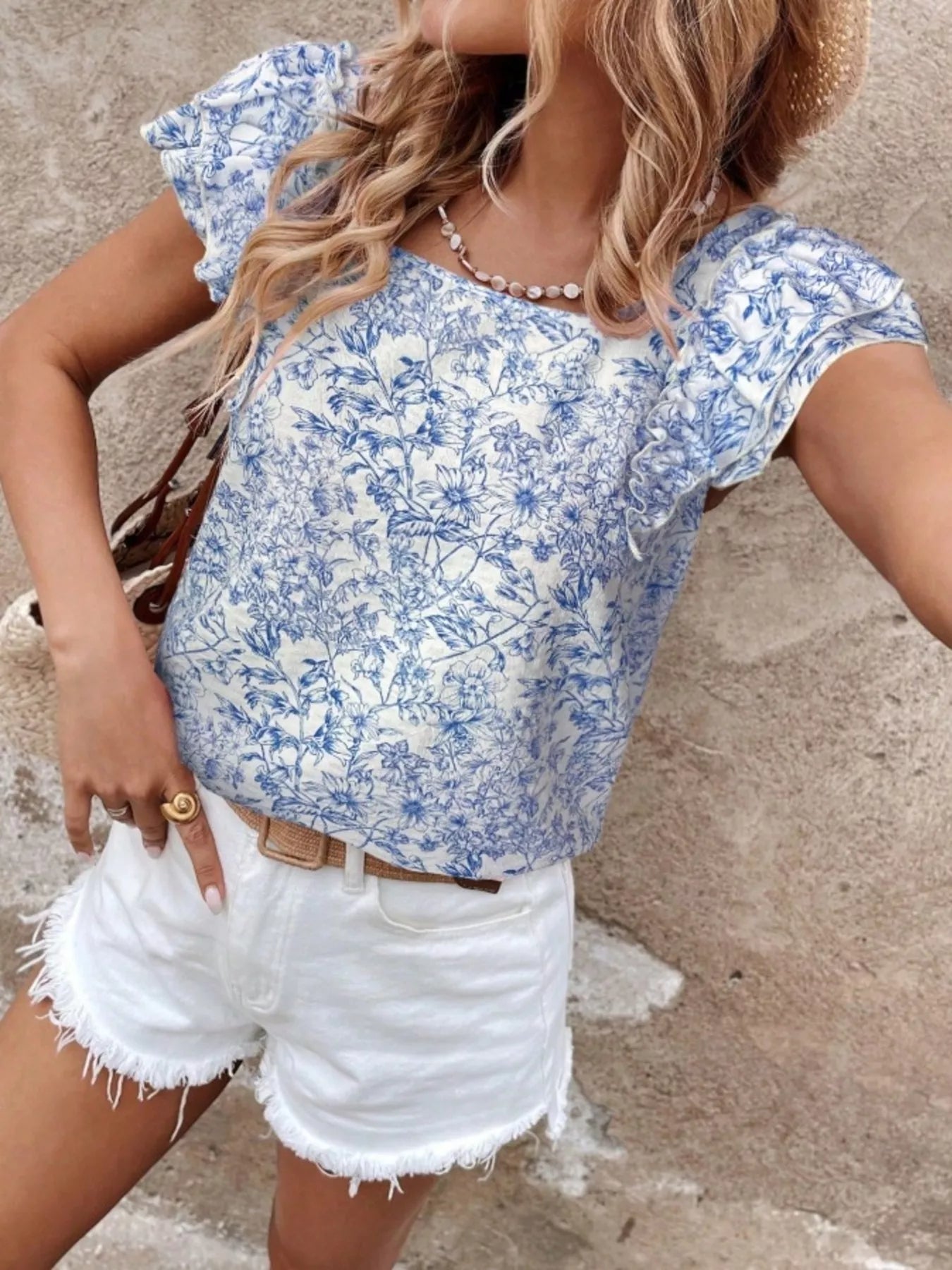 Floral Print Ruffle Trim Blouse 